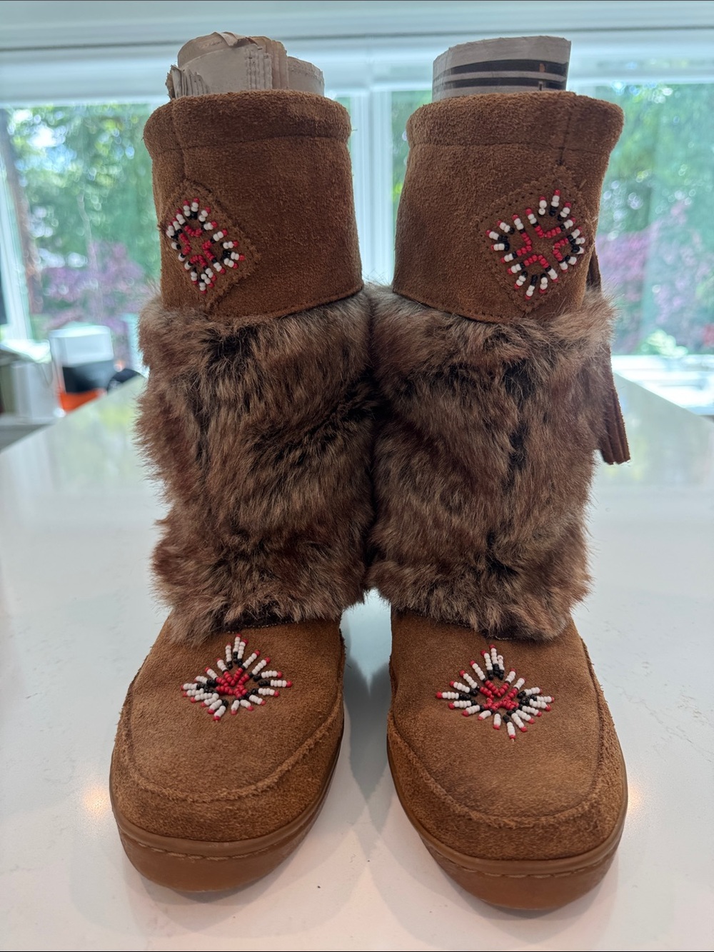 Minnetonka Brown Suede Moccasin Boots with Faux Fur and Beaded Accents